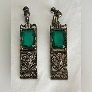 Stamped Miracle Vintage Earrings with Green Glass Stone
